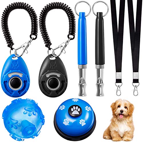 8 Pieces Dog Training Set Include Adjustable Sound Dog Training Whistle with Lanyard Training Clicker Dog Training Bell and Dog Squeak Lighting Ball for Dog Recall Behavioral Silent Training