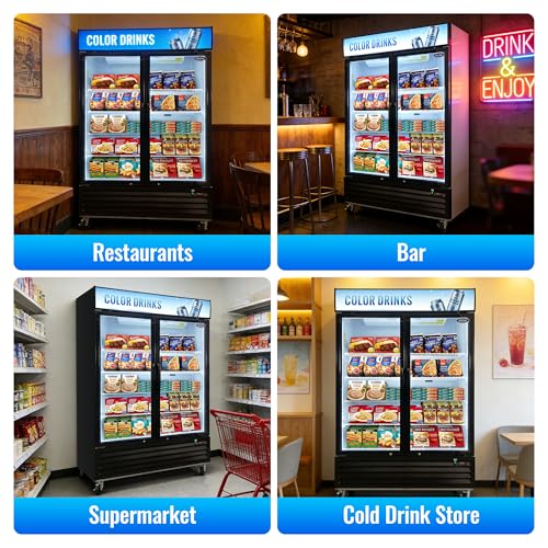 Image of mikibama Glass Door Merchandiser Freezer, 44.7 Cu.ft Swing Door Commercial Reach-In Display Refrigerator with LED Top Panel Upright Freeze Storage, Double Cabinet, Black