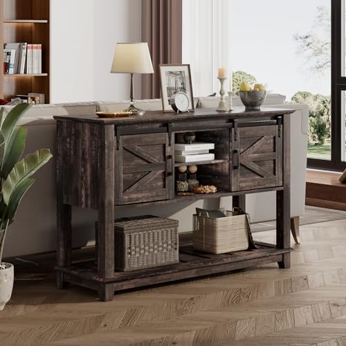 LUXOAK Farmhouse Entryway Table with Sliding Barn Doors, 46" Sofa Table for Living Room, Console Table with Storage, Dark Rustic Oak -  boliyang, CCT018