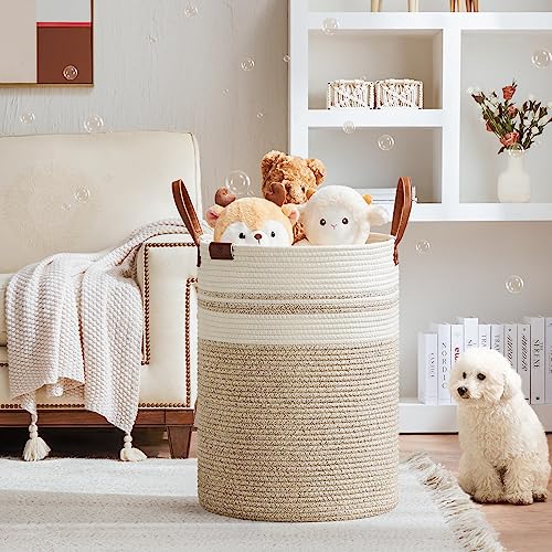 Image of VIPOSCO 100L Tall Woven Rope Laundry Hamper, Leather Handles, Brown & White | Large Wicker Laundry Basket for Dirty Clothes, Blanket, Toy, Towel, Yoga Mat, Storage Bin in Bedroom, Bathroom, Living Room