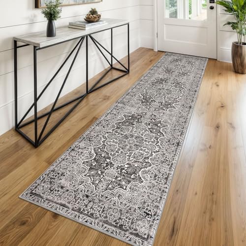 KUTA Hallways Runner Rug 2x8 Tan Grey, Vintage Floral Kitchen Rugs Non-Slip Washable Ultra Soft Printed Retro Distressed Flower Carpet Entryway Runners for Bedroom Laundry Nursery