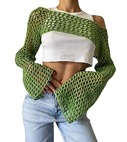 Aimiray Camiseta corta de ganchillo de malla sexy para mujer, con huecos, para playa, transparente, de manga larga, Y2K, Verde, L