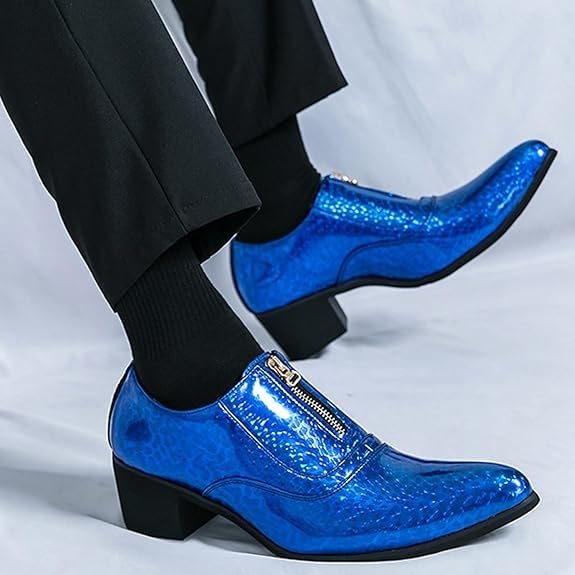 Men's Pointed Toe Chunky Heels Chelsea Dress Oxford Shoes Fashion Print Front Zipper Slip on Loafers Casual Wedding Faux Patent Derby Shoes2