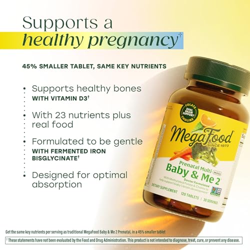 Image of MegaFood Baby & Me 2 Prenatal Multi Minis - Prenatal Vitamins for Women with Choline & Methyl Folate - Gluten-Free, Vegetarian, Pre Natal Multivitamin for Women - 120 Minis Tablets, 30 Servings