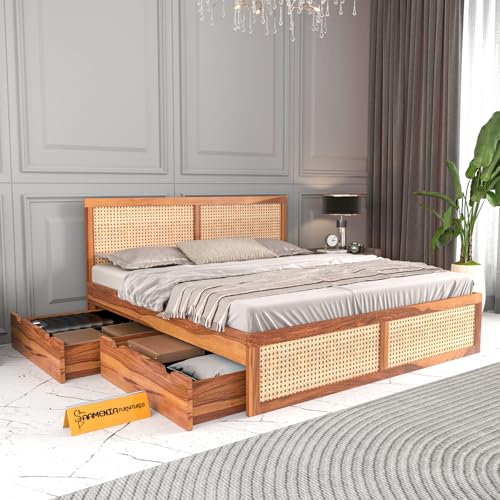 Image of Sheesham Wood Cane Bed with Drawer Storage for Bedroom | Queen Size Wooden Double Bed Palang with Rattan Headboard & Footboard (Honey Finish)