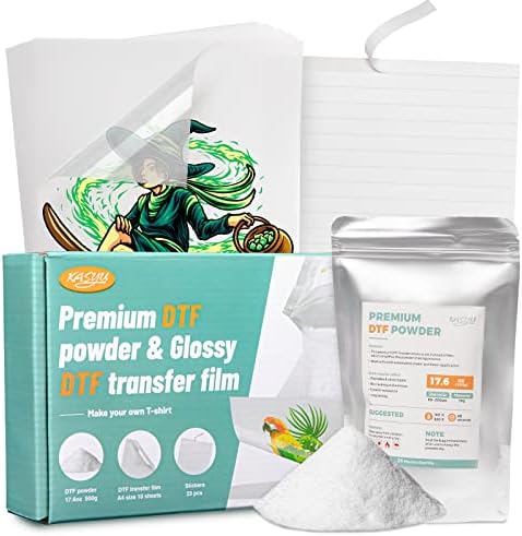 KASYU DTF Powder Film Kit with Sensor Recognition Stickers for All DTF&Sublimation Printers,1.1 lbs DTF Powder&10Pcs DTF Paper for All Color Fabrics, Transfer Paper on T shirts Textile