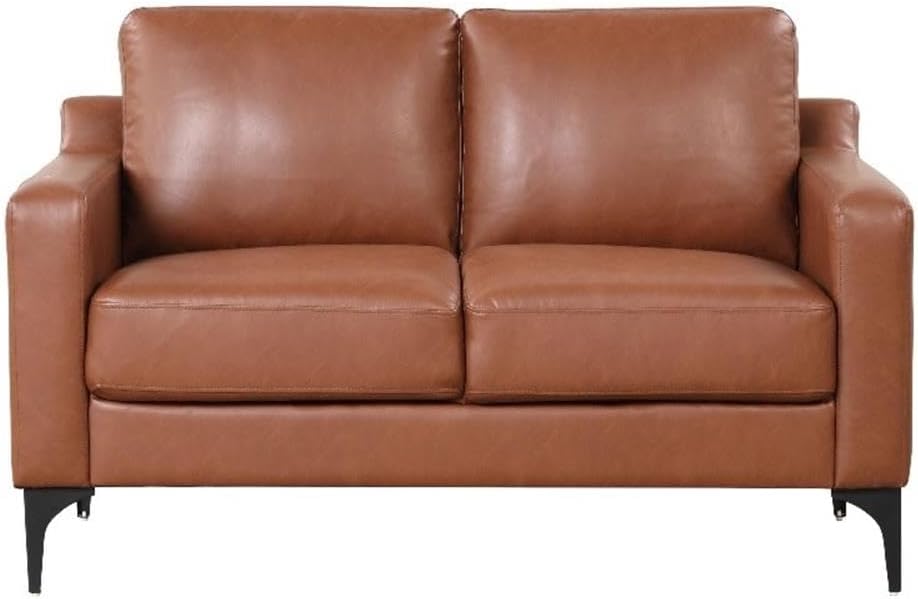 Pemberly Row Stationary Loveseat, Brown Faux Leather Upholstery, 45.3 in Wide, High-Density Foam Cushions, Pocket Coil Seating, Solid Wood Frame, Black Metal Legs, Modern Living Room Furniture