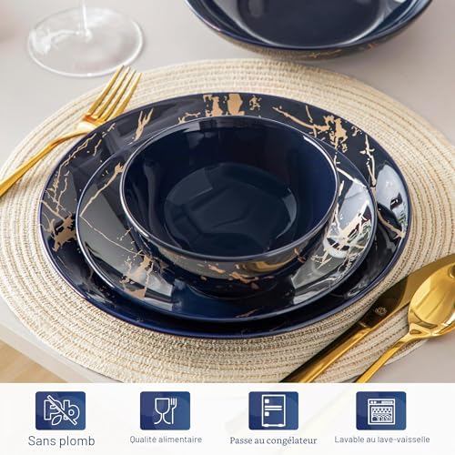 LOVECASA Daphne - Assiettes Service de Table 6 Personnes, Vaisselle Complète Moderne en Porcelaine, 24 Pièces (Assiettes Plates, à Dessert, Bols à Céréales, à Pâtes) - Design Bleu Marine & Doré – vue 4