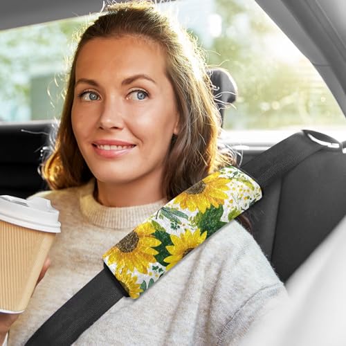 Image of 2 Pack Seatbelt Covers Seat Belt Cover Pad for Adults Boys Girls Car Seat Strap Covers Pads Cushion Universal Shoulder Strap Pad Protector for Backpack Camera Bag 10x7.7Inch Cute Yellow Sunflowers and