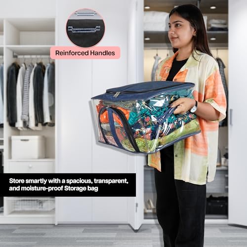 Image of Storite Nylon 3 Pack 33 L PVC Transparent Moisture Proof Storage box for Clothes Closet Wardrobe Organizer for Clothes Saree Bags with Carry Handle (DarkBlue, 44L x 31W x 24H cm)