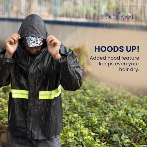 Image of Bloomingdale Rain Coat For Men & Women Waterproof Bike Raincoat For Men With Pant Set Reflective Raincoat For Women, Boys & Girls Adjustable Top And Bottom Rain Coat For Women With Bag - Black Green