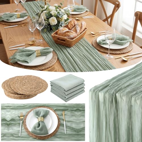 Breling 14 Sets Boho Sage Green Table Decor Set, 120 inch 10FT Cheesecloth Table Runner, 20'x20'...