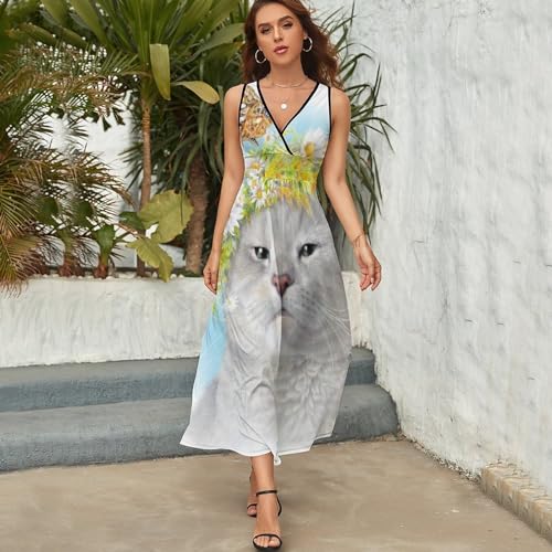 Robe d'Été sans Manches Chat Fleur Papillon Robe Maxi Col V Décontracté Chic - 3