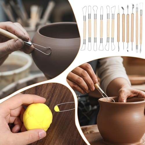 12Pcs Clay Sculpting Tools Double-Sided Clay Wire Loop Sculpture Set Clays Sculpting Tools Wooden Handle Ribbon Clays Tool Pottery Trimming Tool for Ceramic Wax Carving Ceramic Modeling - Thumbnail 5