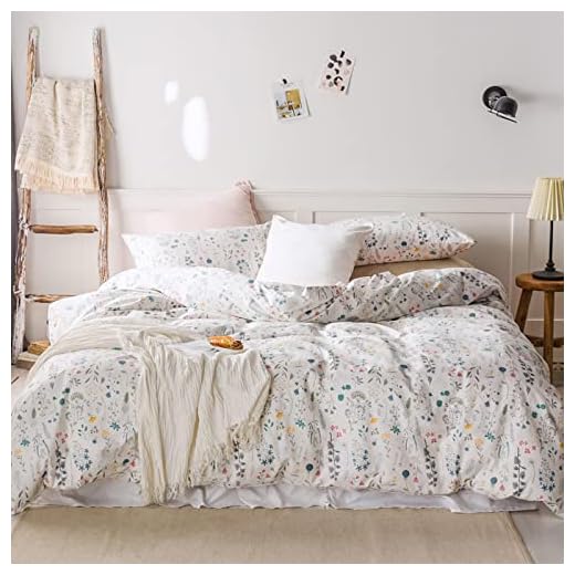 EAVD Reversible Botanical Floral Duvet Cover Queen White Soft 100% Cotton Garden Floral Bedding Set with 2 Pillowcases Chic Shabby Floral Comforter Set for Girls Women with Zipper Closure