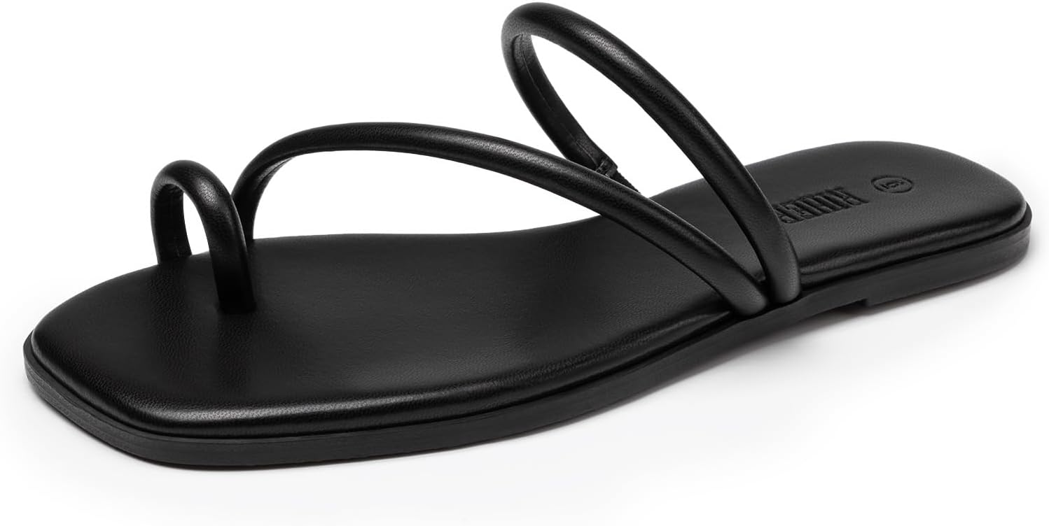 Rihero Black Slide Sandals Women Comfortable Square Toe Strappy Thong Flat Sandals Beach Dressy Slip On Flip Flops Size 6