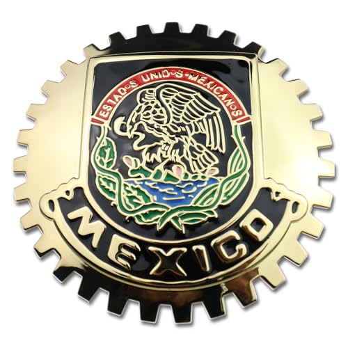 Image of Premium Gold ISO 9001 Mexico Flag Golden Grill Badge Golden Mexican Emblem for Trucks and Cars