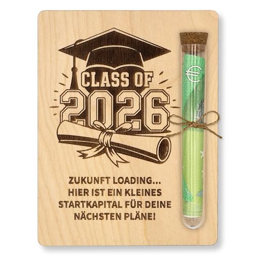 ZUKLA Verpackung für Geldgeschenke Abschluss Schüler - Holz - 13 x 10 cm - mit Reagenzglas - Geschenke zur bestandenen Prüfung zur Graduierung