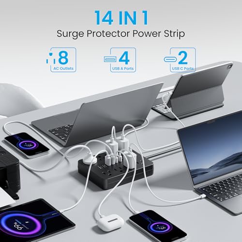 Surge Protector Power Strip, 8 Outlets(1250W/10A), 6 USB Charging Ports(2 USB C), 6FT Flat Plug Extension Cord Outlet Extender with Overload Protection, ETL Certified for Office, Dorm Room - Image 3