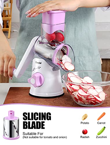Image of Geedel Rotary Cheese Grater, Kitchen Mandoline Vegetable Slicer with 3 Interchangeable Blades, Easy to Clean Rotary Grater Slicer for Cheese, Vegetables, Nuts