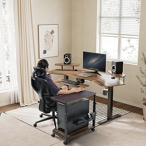 Image of EUREKA ERGONOMIC PC Stand Computer Cart, Height Adjustable Tower Stand 2-Tier Suit for ATX Case Printer, Metal Rolling Cart on Wheels for Gaming Home Office, Walnut