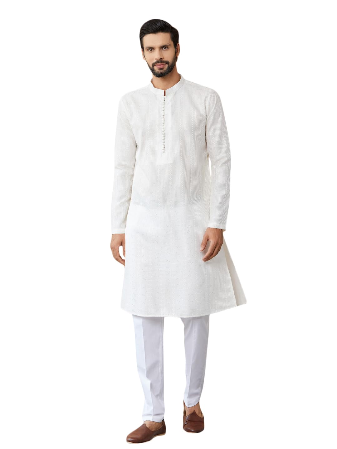 See Designs Men's Long Sleeve Mandarin Collar Side Slit Off White Embroidered Thread Work Sequinned Chanderi Silk Straight Kurta - Sdkt2512Xl