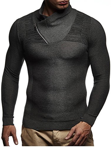 Leif Nelson pour des Hommes Pullover Pull en Tricot Hoodie Longsleeve Manche Longue Sweater Sweatshirt Maille Fine Basic col châle Crew Neck LN1615; Taille XXL, Noir Anthracite
