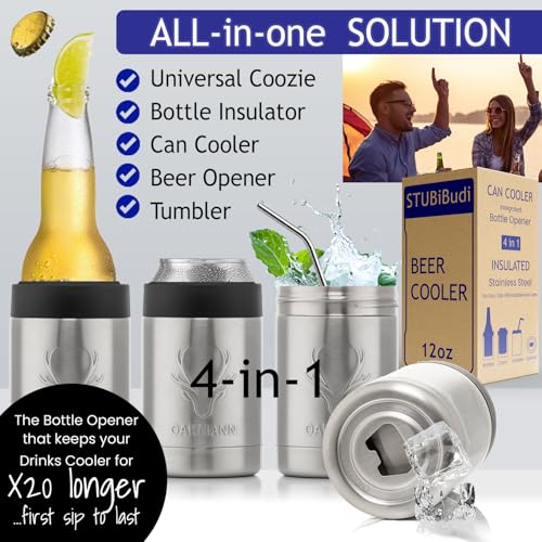 Image of Stainless Steel Beer Cooler With Bottle Opener, Vacuum Insulated Can Cooler 12 oz for Bottles Cans, 4-in-1 Universal Insulator Coozy for Bottles Cans, Beer Gifts for Men (Steel)
