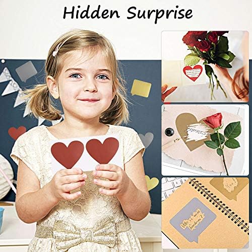 PERFETSELL 100 PCS Scratch Card Stickers Self-Adhesive Scratch Off Labels 3 Inch Heart and Dialog Shaped Stickers Peel & Stick DIY Tags for Scrapbook Postcard Lottery Ticket Wedding, Red/Silver/Gold