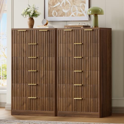 Image of TEENOFN Fluted Dresser for Bedroom with 7 Drawers, 48 inch Tall Modern Chest of Drawers with Metal Handle, Wooden Dresser TV Stand, Wood Closet Clothes Storage Organizer for Living Room, Hallway, Walnut