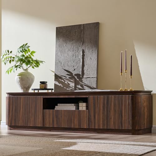 XIASLO 70" Fluted TV Stand for TVs Up to 80", Mid Century Modern Entertainment Center with Drawer, Storage Cabinet, Open Shelf, Wood Low Profile Media TV Console for Livingroom, Dark Walnut