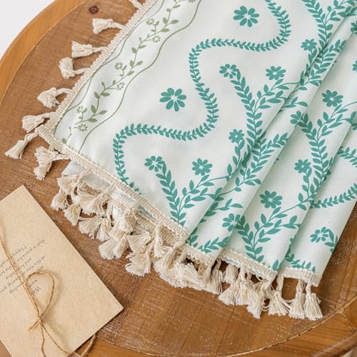 Image of Boho Curtains 45 Inch Long for Living Room, Bedroom,Sky Blue on White 2 Panels Floral Farmhouse Vintage Tassel Semi Sheer Light Filtering Privacy Window Curtain Drapes with Rod Pocket