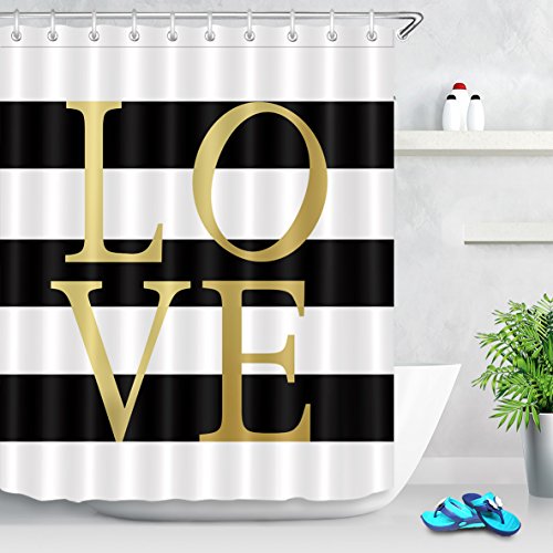 Lb Black And White Shower Curtain Classic Gold Love Words Design Striped Shower Curtains Modern Bathroom Decor, Waterproof Polyester Fabric Curtain 72X72 Inch With 12 Hooks #TOP6