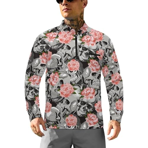Skull in Flowers Pattern Men's Rash Guard Long Sleeves Quick Dry Fishing Workout Shirts with Zipper