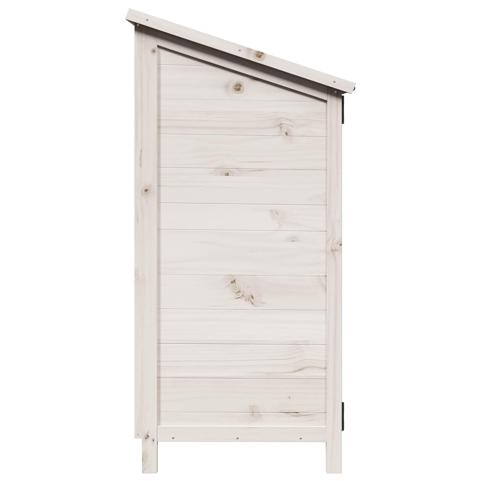 Drewniany domek ogrodowy, biały, 59,5 x 56 x 113,5 cm, z materiału drewnopochodnego z drzwiami wentylacyjnymi i nachylonym dachem asfaltowym do przechowywania narzędzi ogrodowych