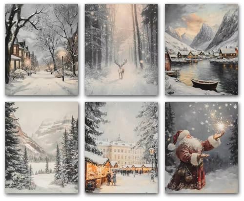 Image of Rustic Christmas Wall Art Prints – Set of 6 Winter Scene Posters with Santa, Reindeer, Snowy Village & Forest Path, Cosy Festive Decorations for Living Room, Bedroom & Fireplace – 8×10 Unframed