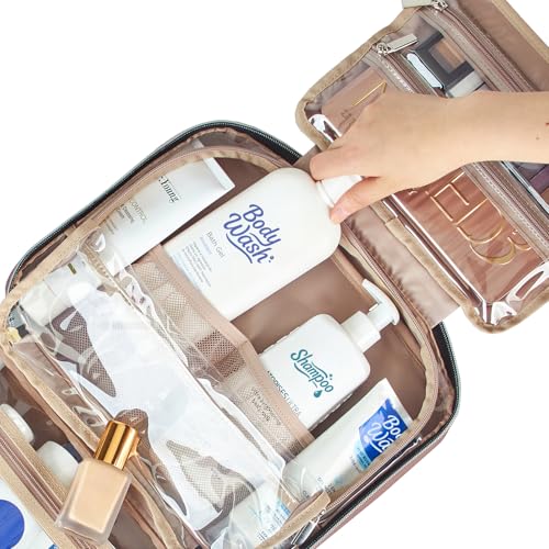 Image of NISHEL Travel Toiletry Bag for women, Portable Hanging Organizer for Full-Sized Shampoo, Conditioner, Brushes Set, Makeup Accessories, Large Size, Rosewood-Pink