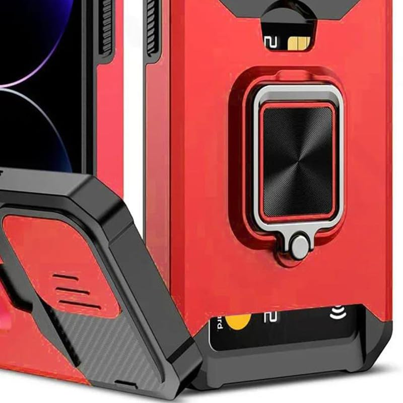 Image of LuxuryKase Shockproof Armor Case for iPhone 15 | Slide Camera Cover | Hidden Card Slot | Rotating Ring Kickstand | Magnetic Car Mount Support | Military Grade Protection - Red