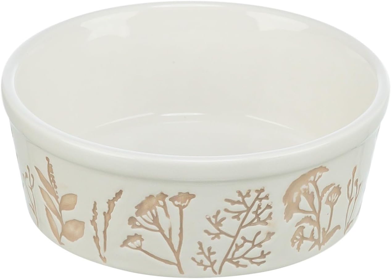 TRIXIE Dog Food / Drink Bowl Vegetable Pattern Textured Ceramic White/Taupe