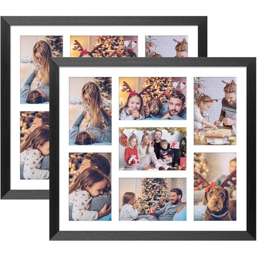 KSROECUD 13.5x15.5 Collage Frame with 7 Openings 4X6 Pictures, Multiple Picture Frame with Mat, Wall or Tabletop Decor, Black Wood Grain,2 Pack