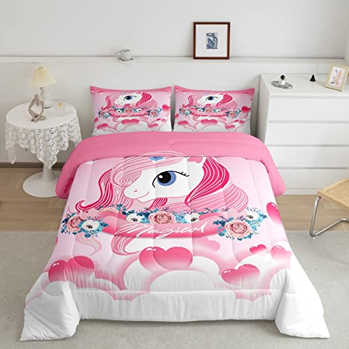 Feelyou Girls Pink Cute Unicorn Comforter Unicorn Bedding Set for Kids Boys Girls Teens Decor Sweetheart Printed Unicorn Comforter Set Cute Animal Decor Duvet Set Queen Size Boys