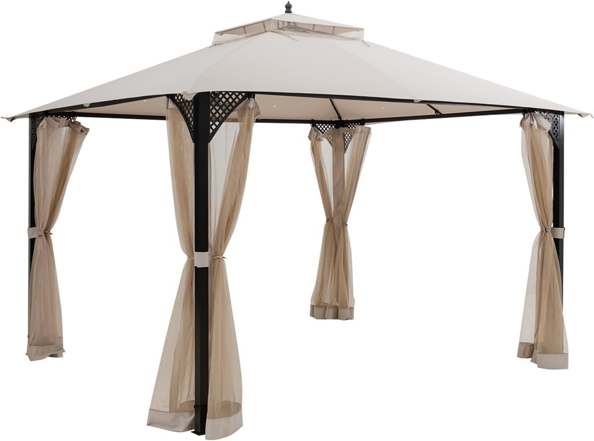 Waterproof Gazebo Replacement Canopy 3x3.7m with Air Vent, Drainage Holes, 2-Tier Roof Awning for Garden, Patio, Outdoor Shelter Brown