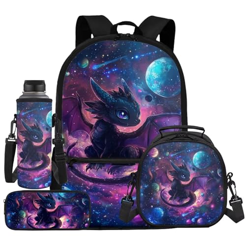 Dragon Backpack for Boys 4 Piece Solar System Planet School Bag + Lunch Box + Pencil Case + Water Bottle Holder 17 Inches Backpacks for School with Lunchbox Set Ages 6-8 Bookbag