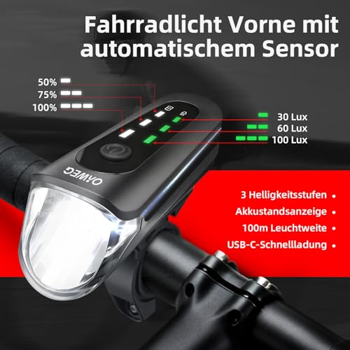 OnWEG Fahrradlicht Set StVZO zugelassen, 100 Lux Frontlicht mit Auto-Modus, Rücklicht mit Bremslicht blinkend, USB-C aufladbar… – Ansicht 3