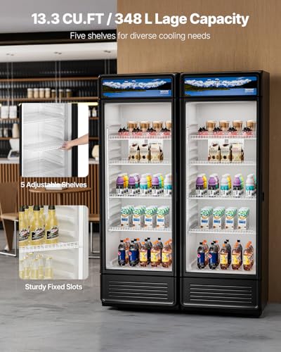 Image of VEVOR Commercial Merchandiser Refrigerator, 13.3 CU.FT Glass Door Display Refrigerator, Beverage Cooler Merchandiser with Adjustable Shelves, Soft LED Light, Customizable Lightbox, Black