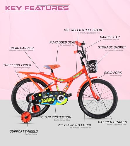 Image of OXYGEN Kids Cycle for Girls 6-9 Years, 20 Inch Tyres, Single Speed Non-Geared Bicycle with Steel Frame, Front & Rear Wire Brakes (Orange)