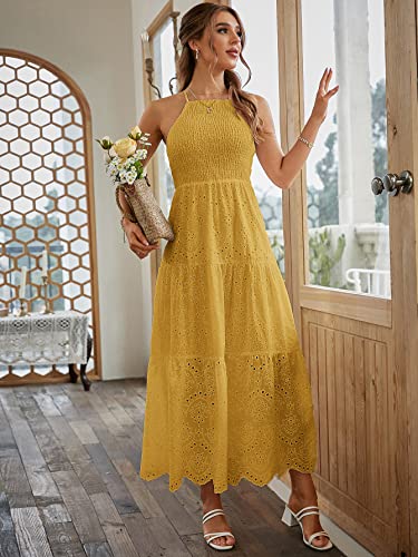 Berrygo Women's Halter Embroidery Eyelet Prom Maxi Dress Backless Elegant Long Cocktail Maxi Dress Yellow L #TOP2
