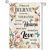 AVOIN colorlife Hummingbird Memorial Garden Flag 12x18 Inch Double Sided Outside, Love Never Dies Memorial Day Gravesite Saying Spring Yard Outdoor Decoration