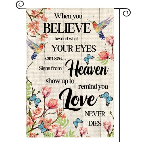 AVOIN colorlife Hummingbird Memorial Garden Flag 12x18 Inch Double Sided Outside, Love Never Dies Memorial Day Gravesite Saying Spring Yard Outdoor Decoration