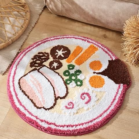 TRUEDAYS Fun Bath Mat - Round Washable Fluffy Bathroom Rugs with Non Slip Backing - Small Cute Ramen Bathroom Mat - Funny Soft Water Absorbent Bath Mat Rug Cover
